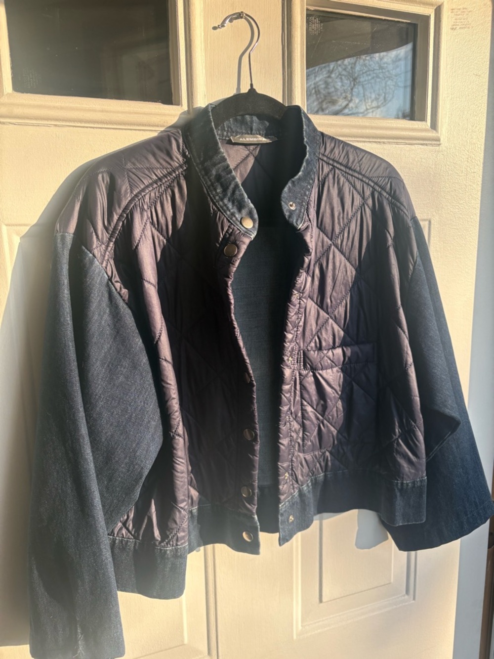 Alembika Women’s L Quilted Jacket Wide Sleeve Mixed Media Denim Jacket Pocket